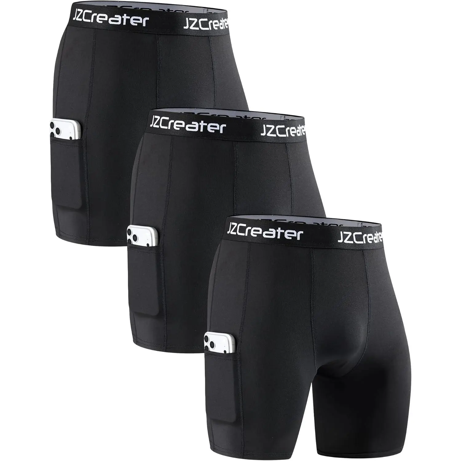 JZCreater Men's Polyester Blend Compression Shorts with Thigh Phone Pocket, Anti-Chafe Seam Quick-Dry Base Layer for Running/Basketball Training, 6-Inch, Anti-Slip Waistband, Mid-Rise, All Seasons