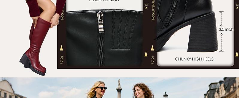 【Wide Calf】Knee High Boots for Women, Square Toe Chunky Block Heeled Platform Tall Leather Cogo Boots with Side Zipper Footwear Gir Walking Shoes Girl Comfort Fallfashion Brown Flatform