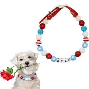 Custom Blue Valentines Day Beaded Dog Collar -Adjustable