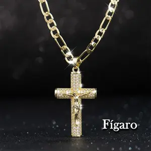 VÈRA 14k Real Gold-Plated Cuban ,Figaro, Miami Cross with Jesus Christ Crucifix,24 inches Long and 2mm Wide,Handcrafted Polishing and Multiple Electroplating Daily Wear Necklace