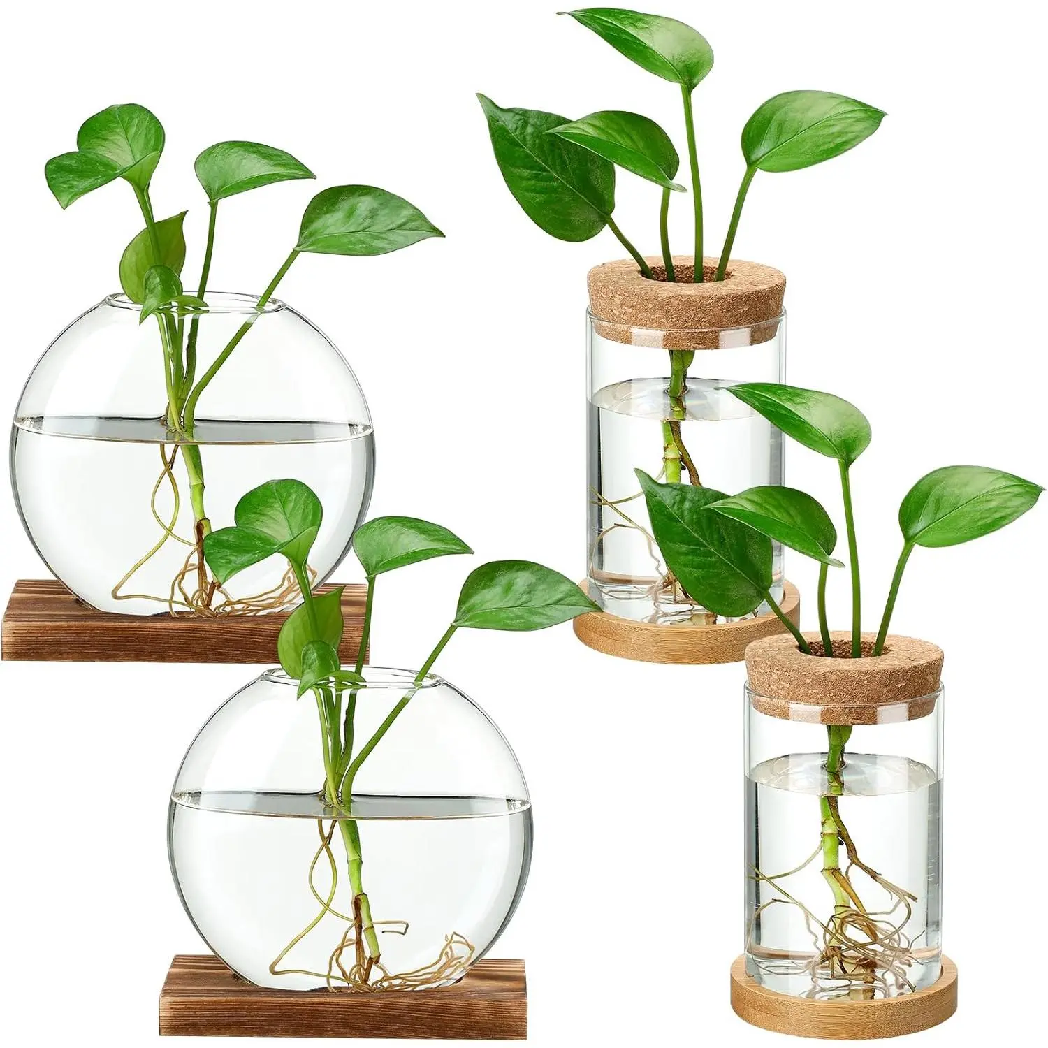 4-Pack Modern Propagation Station Glass Vases with Wooden Lid and Stand, Home Supplies Flower Filler Hydroponic Planters with Root Visibility, Home Office Tabletop Decor Mother's Day Gifts for Women (Novelty Style), Mom