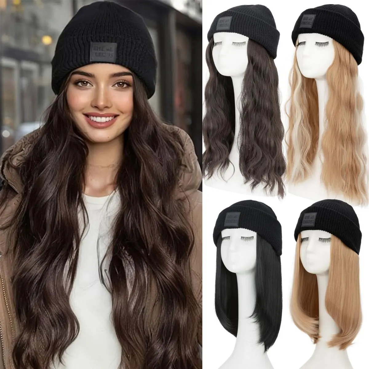 snoilite Women's Knitted Hat Wig, Warm Winter Beanie with All-in-1 Soft Synthetic Hair, Pre-Styled 11-Inch Straight or 18-Inch Curly, Pre Styled Wigs, Heat-Resistant