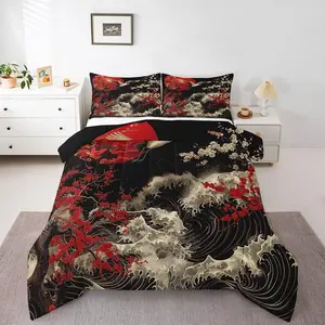 Oriental Cherry Blossoms Comforter Set,Japanese Asian Print Bedding Set,Black and Red Down Comforter Chic Crane Bed Set,Ocean Waves Quilted Duvet
