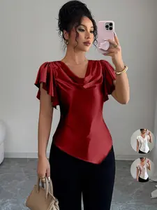 Elegant French Style Satin Blouse, Smooth, Ruffled Sleeve, Waist Cinch, Slim Fit, Office Wear, Summer Top for Women, New Arrival