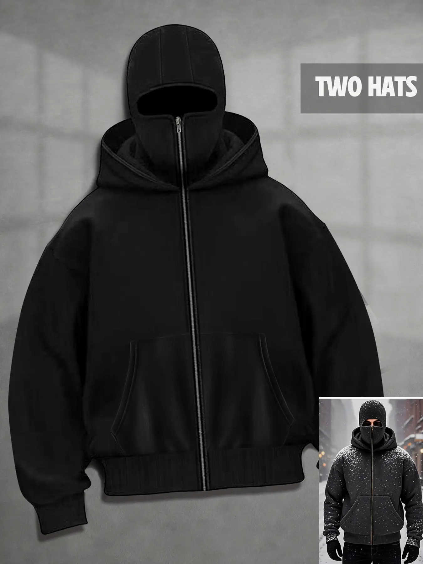 Zipper cardigan sweatshirt with two hats, men's hooded sweatshirt, aesthetic geometric jacket, hooded sweatshirt, long sleeved jacket, European and American street autumn and winter velvet unisex sweatshirt, black clean version sweatshirt versatile