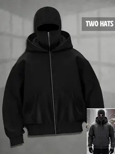 Zipper cardigan sweatshirt with two hats, men's hooded sweatshirt, aesthetic geometric jacket, hooded sweatshirt, long sleeved jacket, European and American street autumn and winter velvet unisex sweatshirt, black clean version sweatshirt versatile