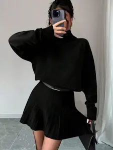 🍂 Elegant Two Piece Turtleneck Sweater And Pleated Skirt Set, Cozy Fall Winter Outfit.