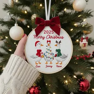 Merry Christmas Embroidered Ornament, Cute Goose Family Holiday Hoop Decoration, Embroidered Christmas Ornament,  Unique Christmas Gift XF1