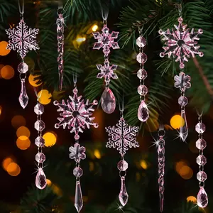 18pcs Crystal Christmas Ornaments for Christmas Tree Decorations-Light Pink Hanging Acrylic Snowflake and Icicle Ornaments with Drop Pendants for New Year Party Decorations Supplies