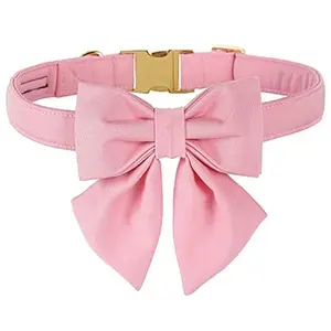 Maca Bates Cherry Pink Dog Collar with Cute Solid Sailor Bow Tie for Small Girl Boy Dogs,Girly Adjustbale Durable Breakaway Soft Collars with Bowtie for Female Male Puppy,Pet with Metal Buckle