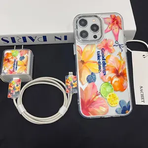 5-Piece iPhone Case Set with Transparent Metal Frame, Includes 1 Charger Sleeve, 2 Cable Protectors, Silicone Cable Tie for iPhone Models 11 to 15