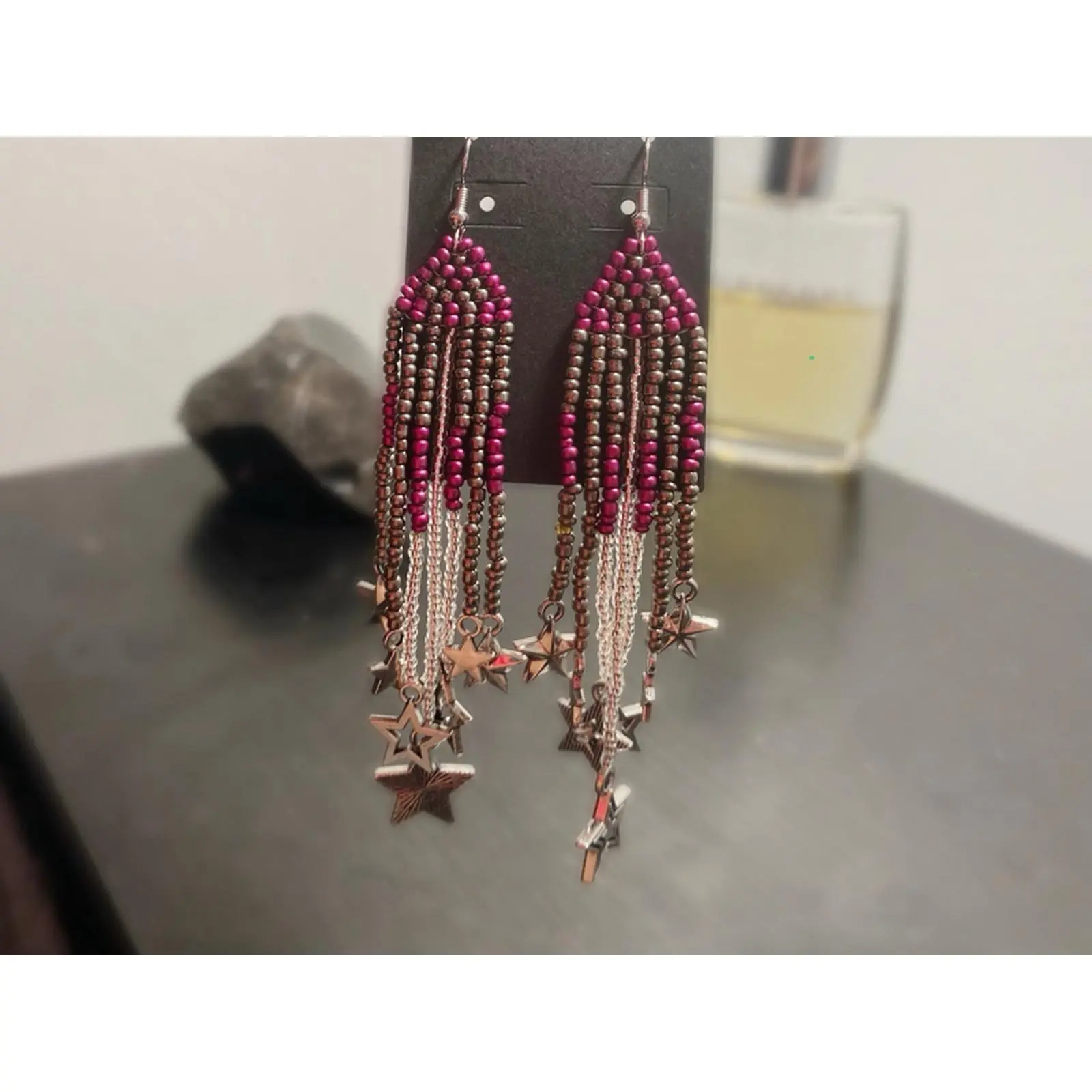 Indigenous Style Bead Work Handle Frying Hook Earrings with Star Charms at the Ends for Unique Jewelry- Kalight Collection