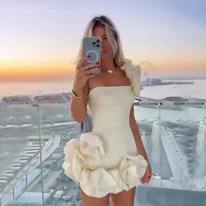 Women's dress with ruffled hem, waist-cinching, one-shoulder, strapless, bodycon dress