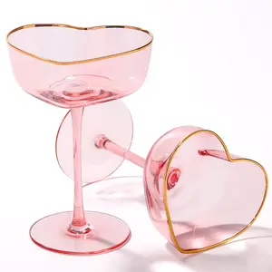 Pink Coupe Glasses Set of 2, Heart-Shaped Martini Glasses with Golden Rim, Sidecar Cocktail Glassware for Wedding 8oz Drinkware friend gift red wine