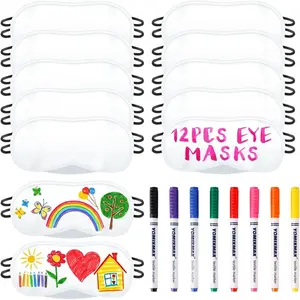 12 PCS Eye Mask Sleepover Party Supplies Sleep White Soft Shade Blindfold Eye Covering, Color The Bulk Game Stuff with 8 PCS Fabric Marker Pens