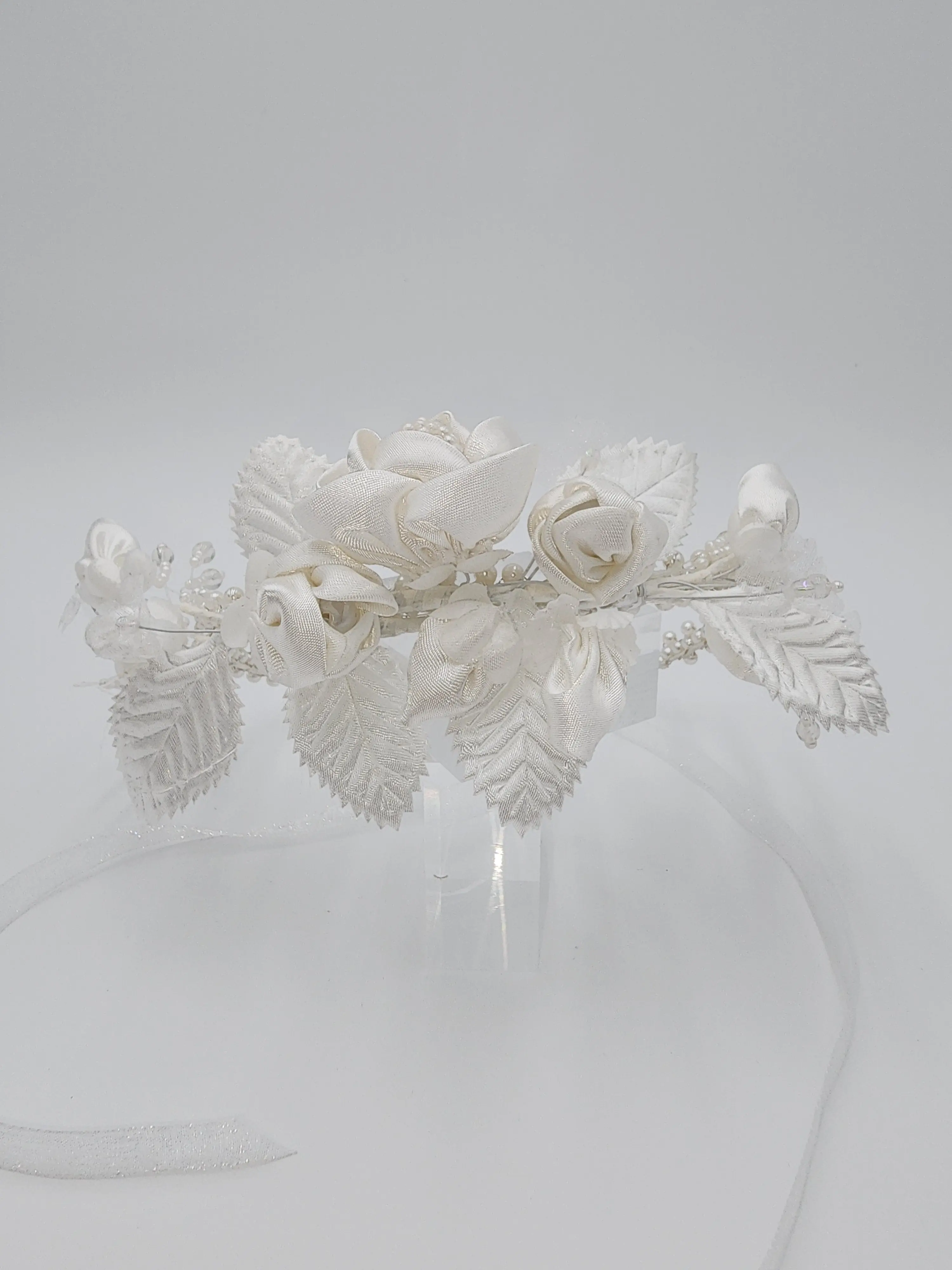 First Communion Satin Flower Pearl Crown Handmade Delicate Headband for Purity and Grace