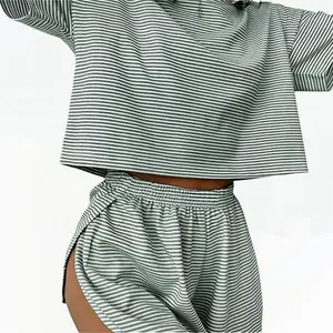 WF-2025Hot Selling Womens Pajama Sets Shorts Striped Print Two Count Lounge Sets Crew Neck Sleepwear Split Shorts Set Soft Pjs