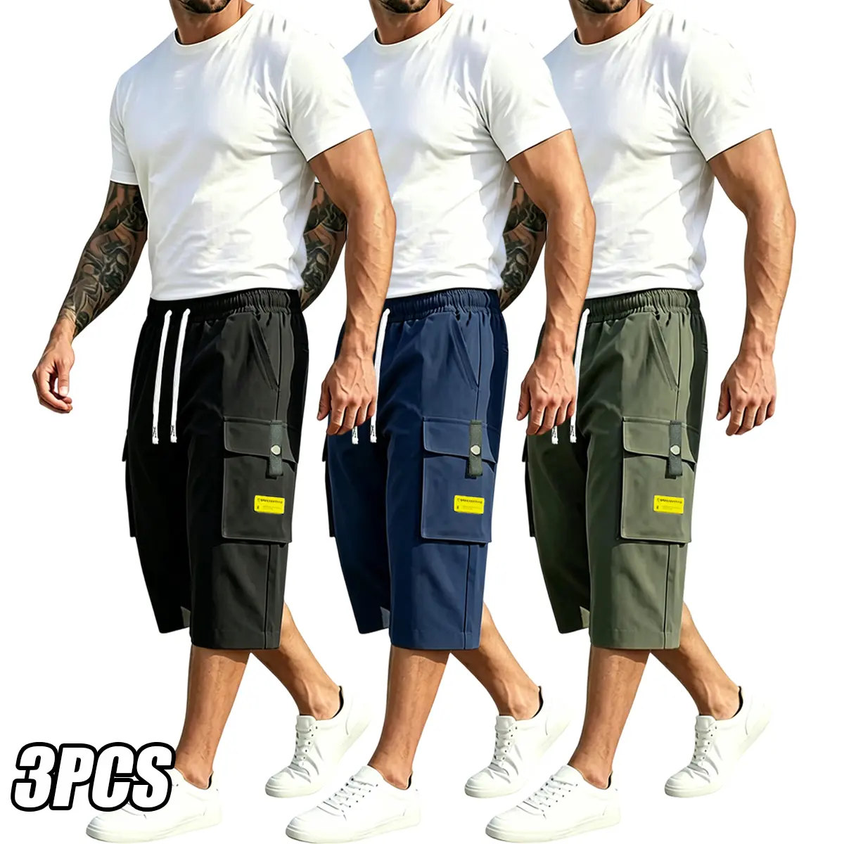 3-pack men’s cargo shorts with multiple pockets, featuring an adjustable drawstring waist design, practical side flap cargo pockets, lightweight quick-dry fabric, comfortable wear, durable and long-lasting material, thin and breathable. Men’s cargo seven-