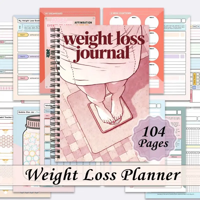 1 A slim spiral notebook designed for a healthy diary, weight management and weight loss tracker, featuring body measurements and weight progress tracking.