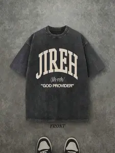 Vintage Christian T-Shirt, Jireh God Provider Washed Black Cotton Oversized Short Sleeve Tee, Retro Varsity Style Faith Based Text Graphic Casual Crewneck Shirt