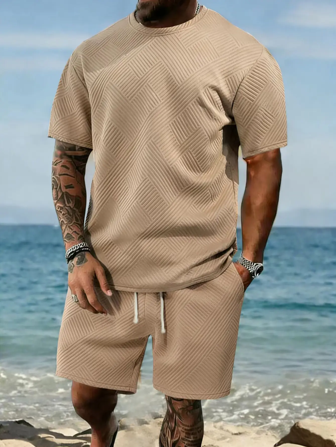 Runs Small｜Size Up 1 Size -Men's Solid Polo Shirt & Drawstring Waist Shorts Set, Cozy Breathable Two-piece Outfits for Daily Outdoor Wear, Men Clothes for Summer. Casual Stylish Tropical Menswear men 2 piece sets
