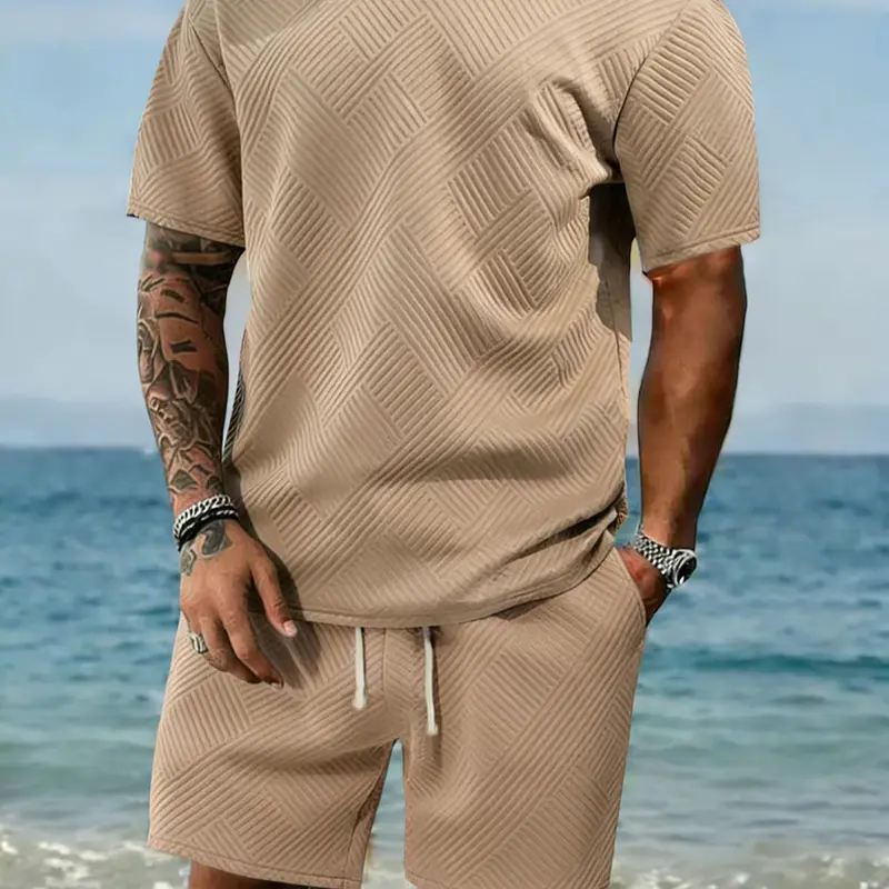 Men's Casual 2-Piece Crew Neck Clothes Set - Runs Small, Check Size Chart - Solid Polyester Polo Shirt, Drawstring Waist Shorts - Cozy, Breathable All Seasons Menswear for Daily Outdoor Use