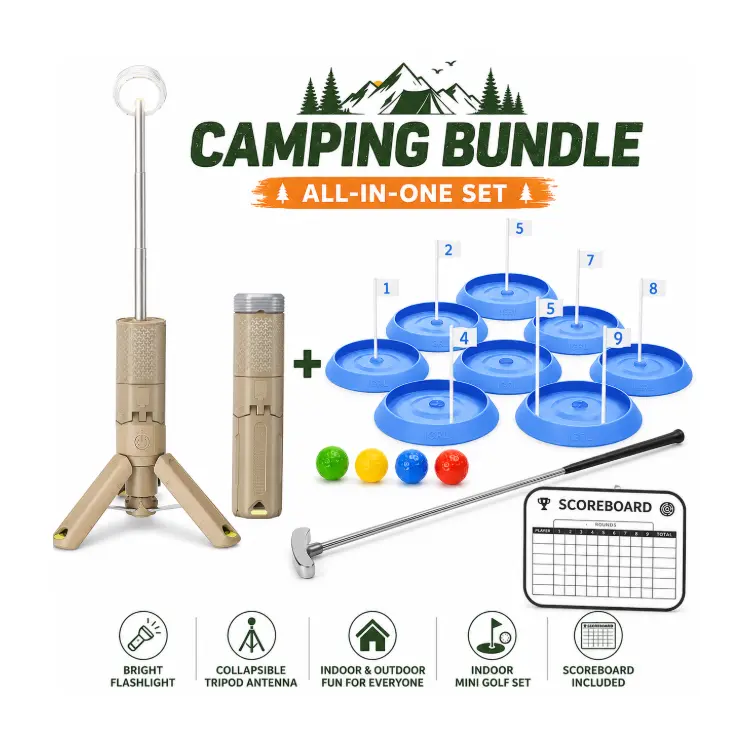 Portable LED Camping Lanterns & Mini Outdoor Games Camping Bundle - Compact Rechargeable LED Lights with Adjustable Tripod Base, Travel-Friendly Blue Set for Campfire/BBQ Party, Hiking/Light Outdoor Activities