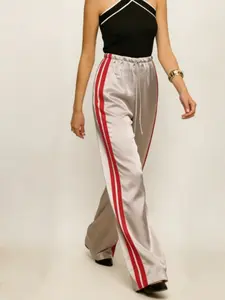 Women's Elegant Casual Straight Leg Pants, Colorblock Side Stripes, Waist Drawstring, Soft Satin, Comfortable Daily Wear