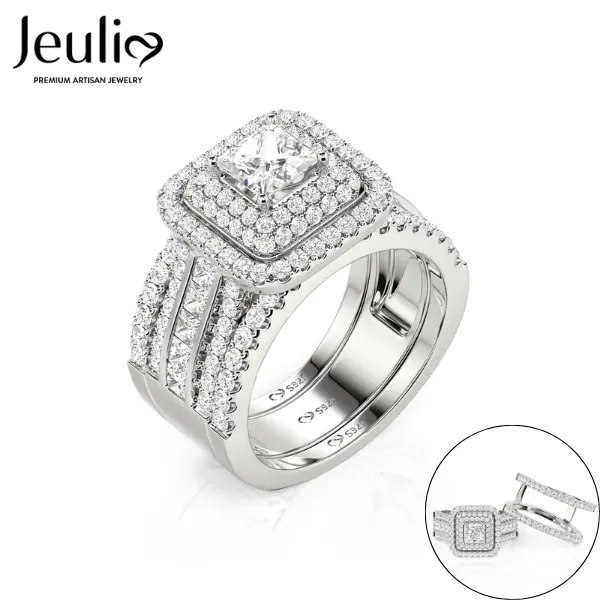 Jeulia Women's 1.1 ct 5*5 mm Princess Cut Diamond Cluster Wedding Engagement Rings - 925 Sterling Silver Modern Dainty Halo Frame, 12.41mm, 11.9g, Daily Bridal Jewelry to Elevate Your Love Story