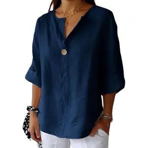 Linen Shirts for Women Summer Cotton Linen V Neck 3/4 Sleeve Tops Loose Vacation Beach Solid Blouses Tunic Tops