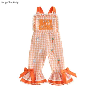 Sweet and adorable Easter romper for baby girls and toddlers - Orange plaid romper with bunny and carrot embroidery, ruffled bow hem, festive romper (6-48 months)