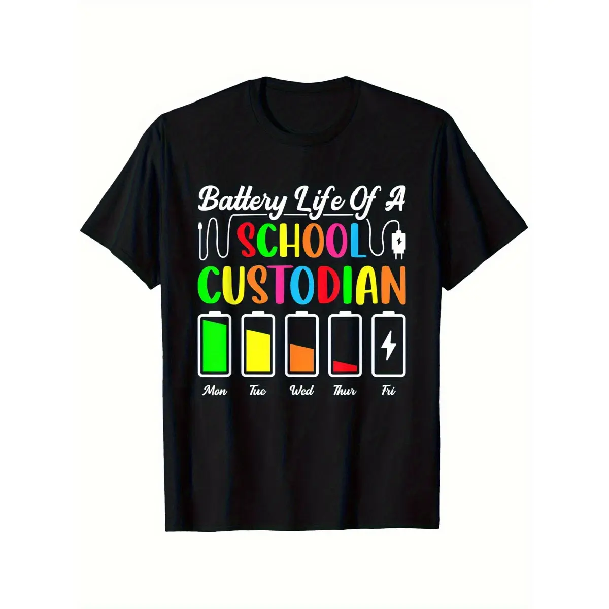 'S & 'S Short  Men'S Funny School Custodian Graphic T-Shirt - Battery Life Design with Color-Coded Cleaning Schedule, Casual Round Neck Humorous Work Apparel for Custodians, Maintenance Staff & School Staff - Comfortable Casual Attire (Black with Battery