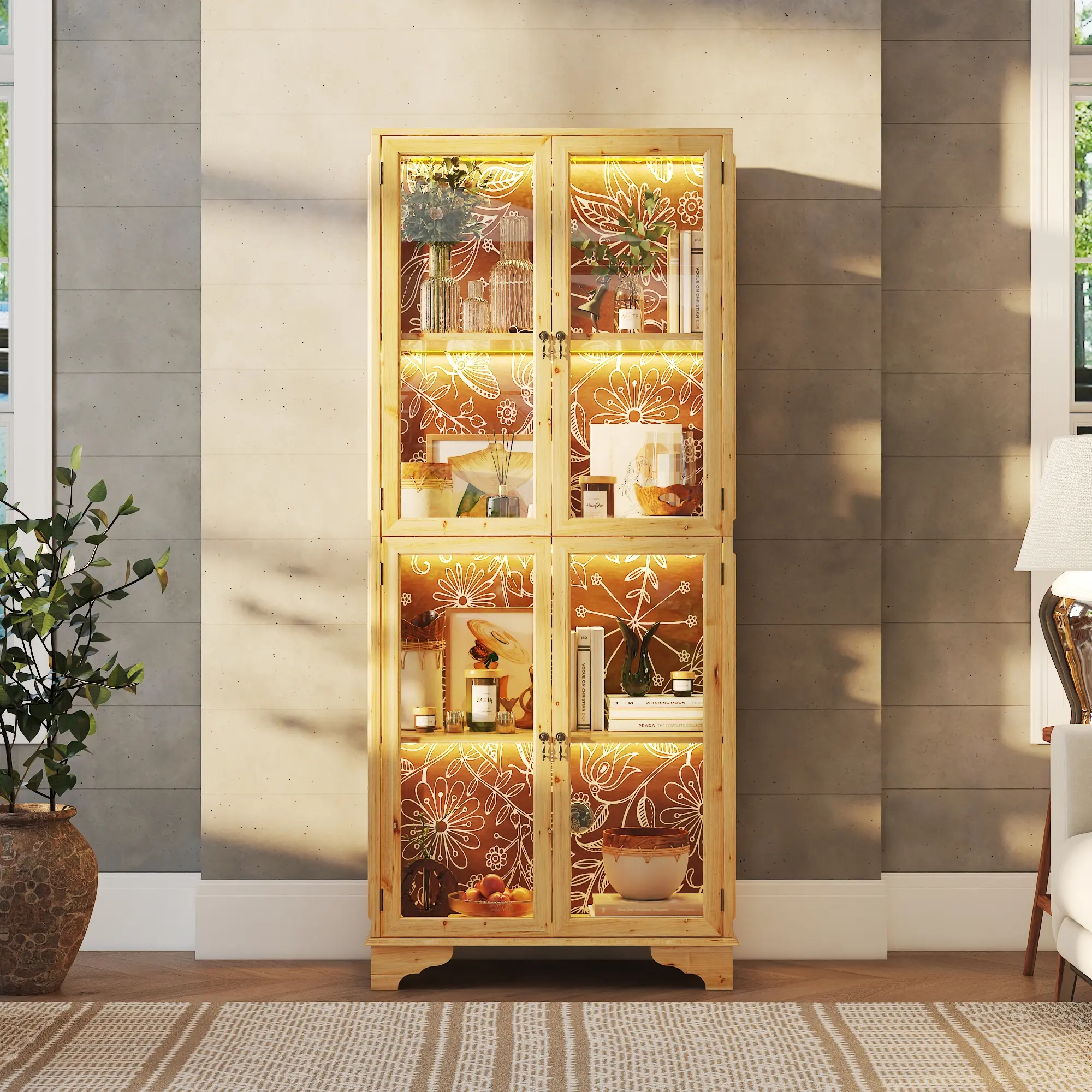 FUFU&GAGA Sturdy Wood Boho Style Decorative Display Cabinet with Lights, Tempered Glass 4-Door 4-Tier Shelves Indoor Cupboard for Collectibles