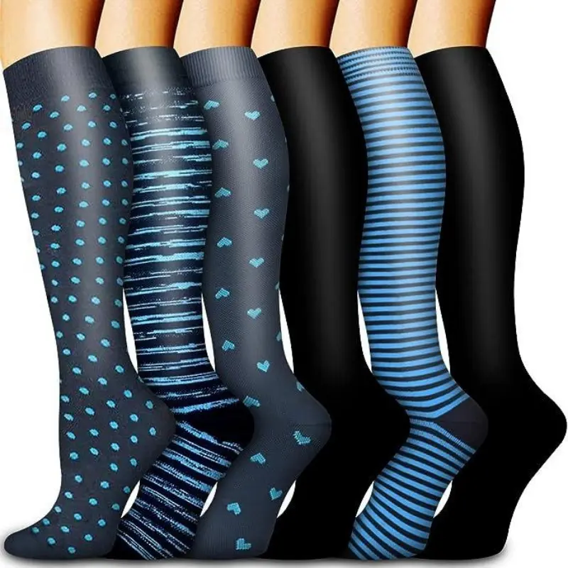 Women's 6-Pair Nylon Knee High Compression Stockings - Mixed Polka Dot, Stripe, Heart Prints - Athletic All-Seasons Socks for Home Workout, Boosting Circulation & Easing Leg Fatigue