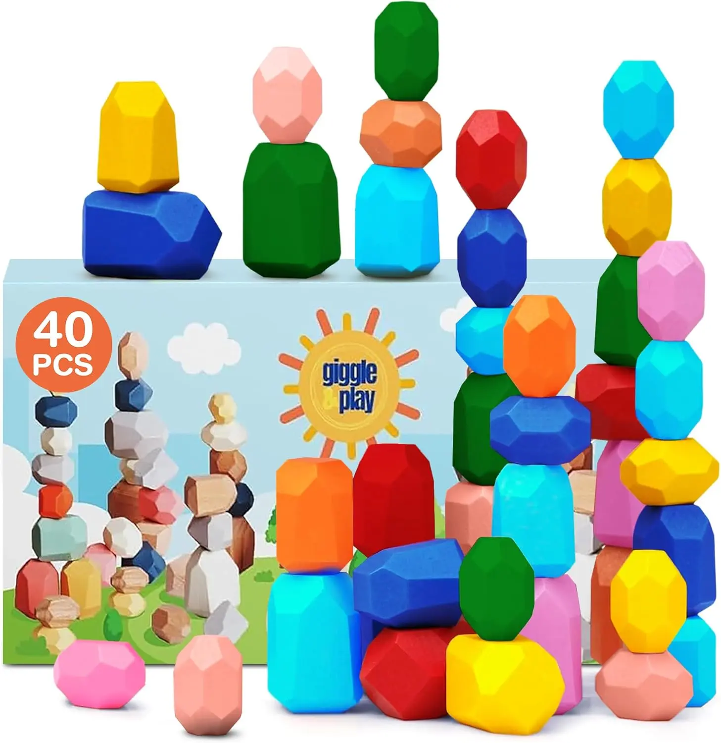 Baby Proof Me Set of 40 Wooden Stacking Stones for 3+ Year Old Montessori Toys by Giggle & Play Eco-Friendly Building Block Sets for Fine Motor Skills Development