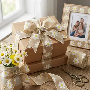 Flowers Fabric continuous Ribbons 5 Yards, Brown Daisy Flower Decor Ribbons Burlap Edge Wrapped Ribbon for Summer Gift Wrapping Home Party Decoration Tree Crafts Supplies - 2.5 Inch x 5 Yards x 1 Roll