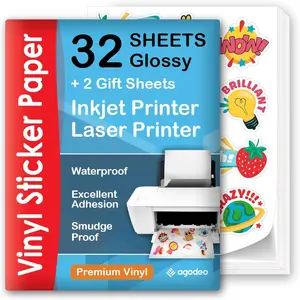 Printable Vinyl Sticker Paper for Inkjet & Laser Printer - 32 Self-Adhesive Glossy White Waterproof Sheets, Dries Quickly Vivid Colors, Holds Ink well, Tear Resistant (Glossy)