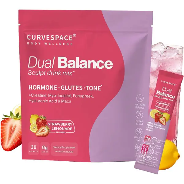 Curvespace Dual Balance Sculpt Drink Mix | Hormone & Muscle Support with Creatine, Myo-inositol & Fenugreek, Vitex, Maca & Wild Yam, Hyaluronic Acid — Strawberry Lemonade, 0g Sugar, 30 Packets