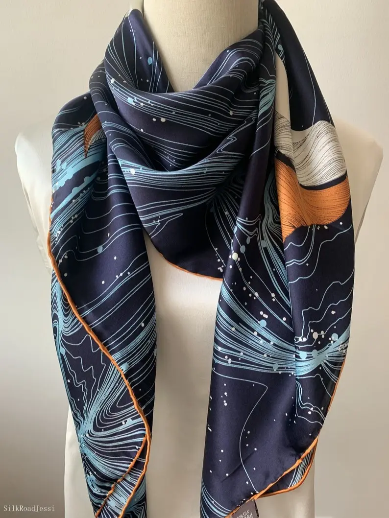 Mulberry Silk Scarf: Vivid Lily Print, Navy Blue & Orange, 43" Square