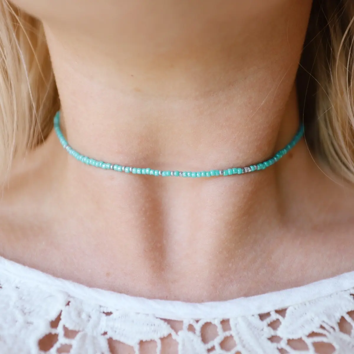 blue & silver seed beaded choker necklace