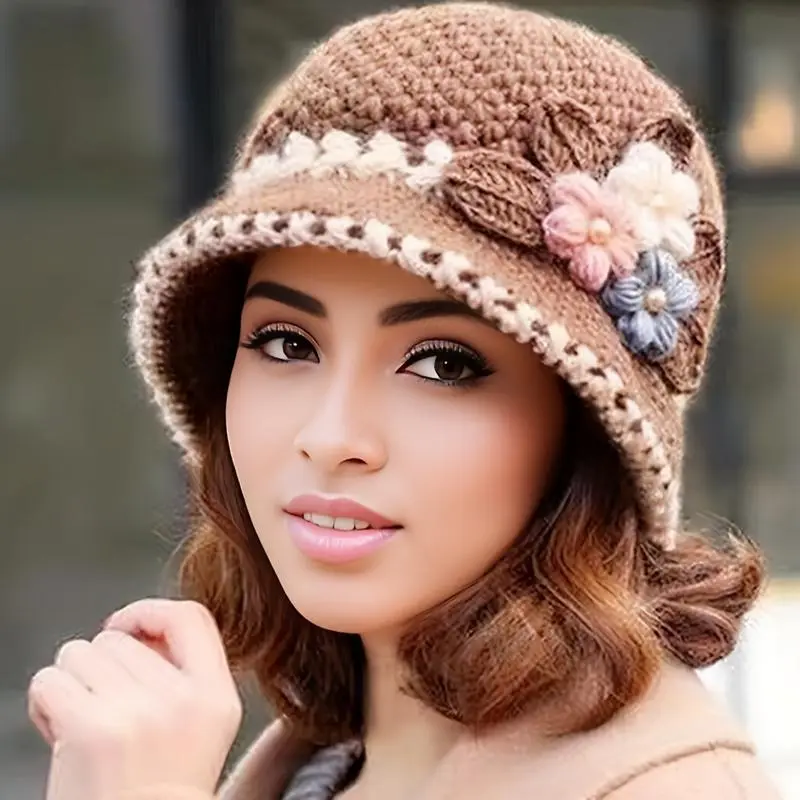 Women's Vintage Floral Handcrafted Crochet Bucket Hat - Coldproof, Thick, Warm, Stylish Fisherman Cap for Autumn, Winter Daily Wear, Handmade Woven, Flower Embroidered, Embroidered Floral Hats, Handmade Woven Hats