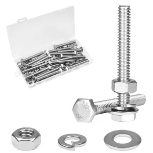20 Sets 1/4-20 x 2 Hex  Screw Bolt, Nuts, Flat & Lock Washers, Stainless Steel 304, Machine Fully Thread Hex , Bright Finish Hexagon Bolt, Nuts and  Assortment Kit