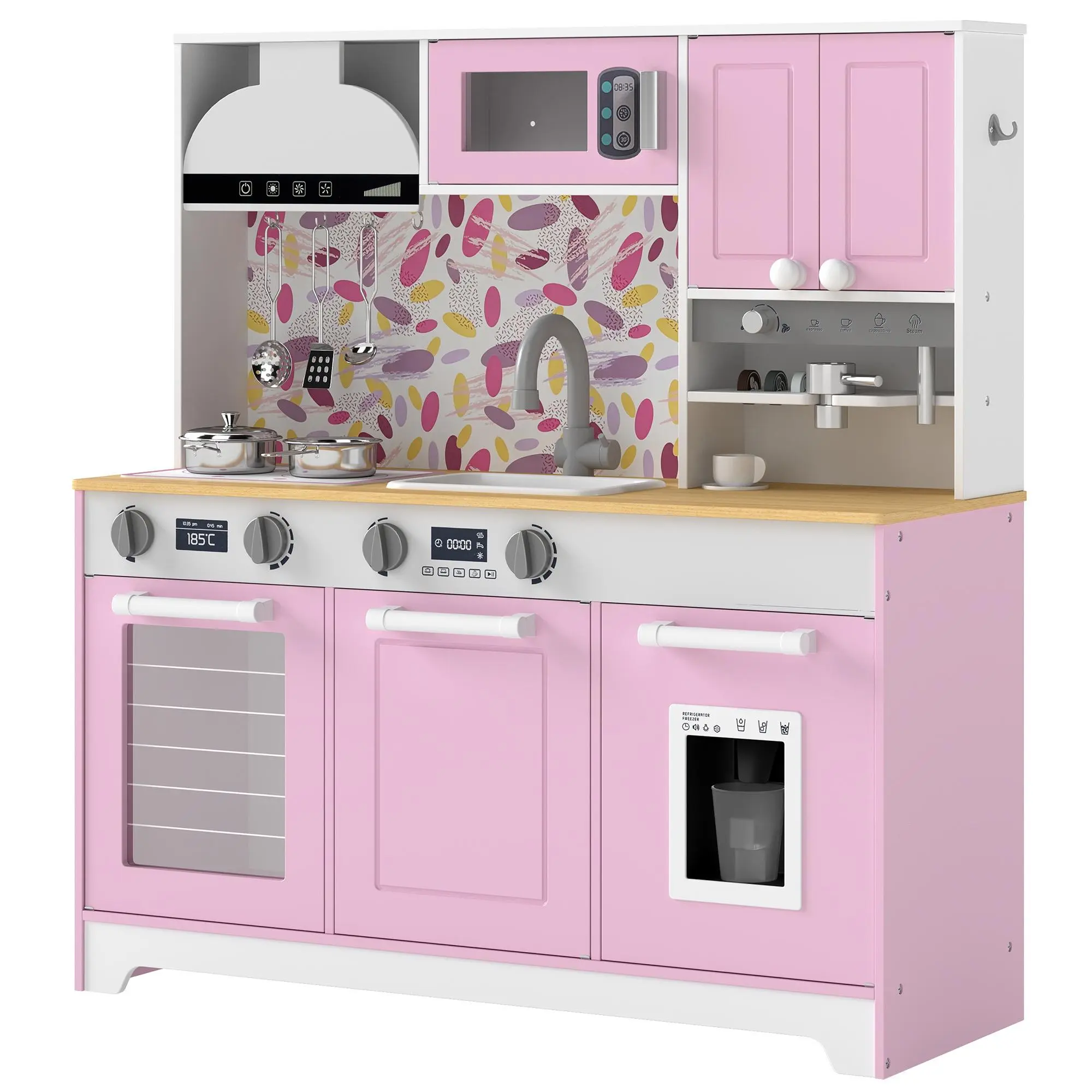 Qaba Play Kitchen, Kids Kitchen Playset with Sink, Stove, Coffee Maker, Ice Maker, Microwave, Oven, Clicking Knobs, Storage, Kitchen Accessories, Pretend Play Gift for Boys Girls 3-8 Years, Pink