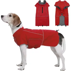 Raincoat Jacket,  Windproof Winter Coat with Fleece Liner and Leash Hole Reflective Strip for Large, Adjustable Poncho Vest for Outdoor Hiking Travel Red XL