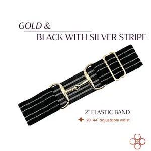 2 inch Luxury Elastic Equestrian Belt, Horse Riding Belt with Gold Buckle, Stretchable and comfortable waist (Black with Silver Glitter Stripe)
