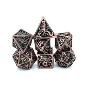 Octopus Hollow Polyhedral Metal DnD Dice Set - 7-Piece Oceanic Cthulhu RPG Dice, Black Velvet Bag for Dungeons and Dragons, Pathfinder, Polyhedral Metal Set