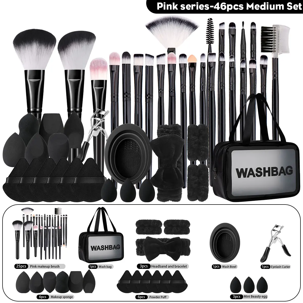 Professional Makeup Brush Set with Bag, Includes Brushes, Sponges, Hair Bands, Travel and Daily Use, Plastic Frame, No Battery, Cosmetic Brushes