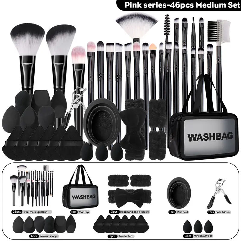 Professional Makeup Brush Set with Bag, Includes Brushes, Sponges, Hair Bands, Travel and Daily Use, Plastic Frame, No Battery