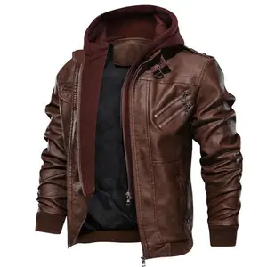 Men Brown Leather Motorcycle Jacket with Removable Hood Hoodie Casual