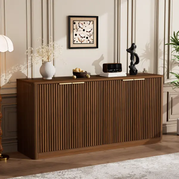 Walnut Engineered Wood Modern Storage Sideboard - 4 Doors, Wavy Panels, Curved Accent Cabinet with Hidden Storage & Protective Pads, Wooden Buffet for Living Room, Dining Room